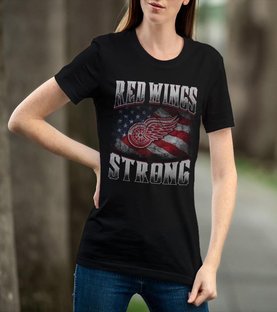 Red Wings Strong American Flag Winged Wheel T-Shirt