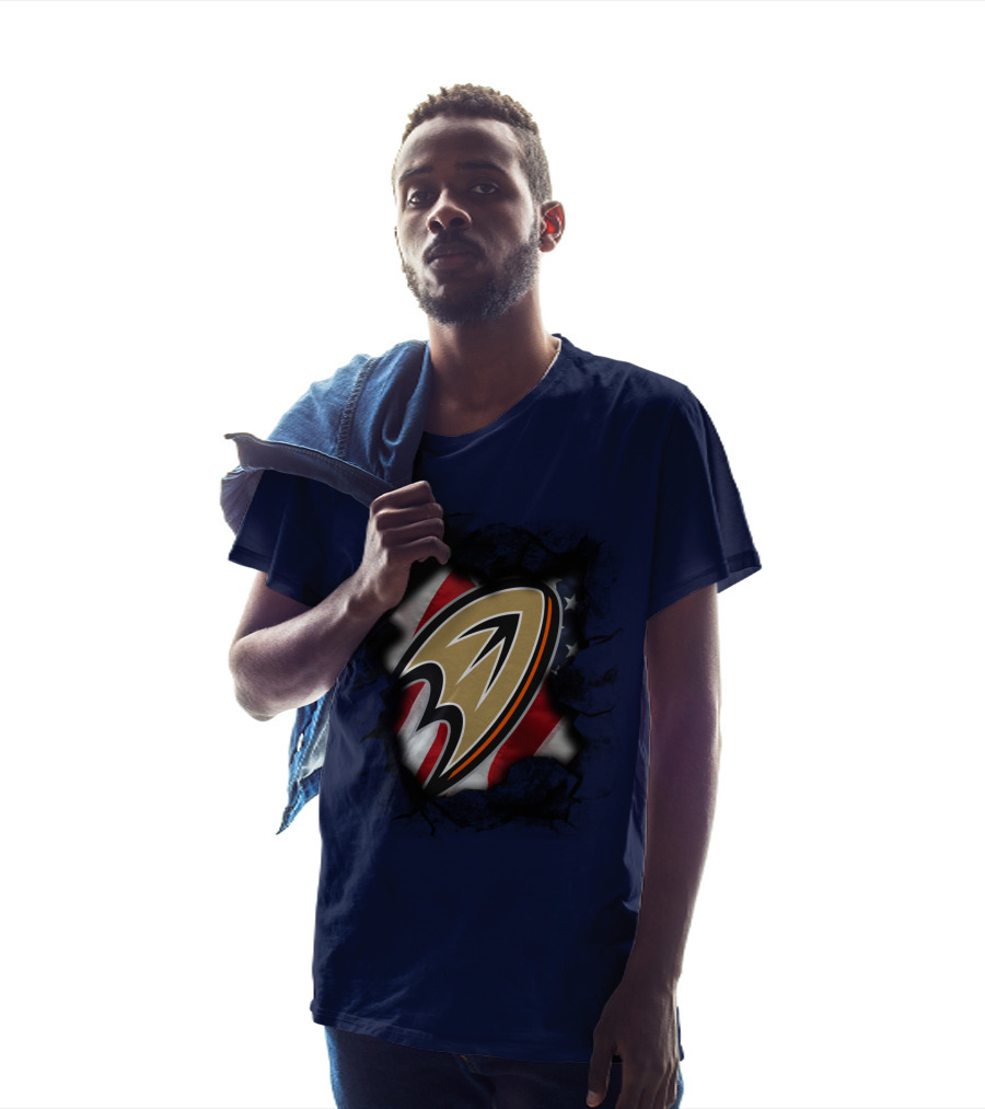 Anaheim Ducks Logo With American Flag Backdrop T-Shirt