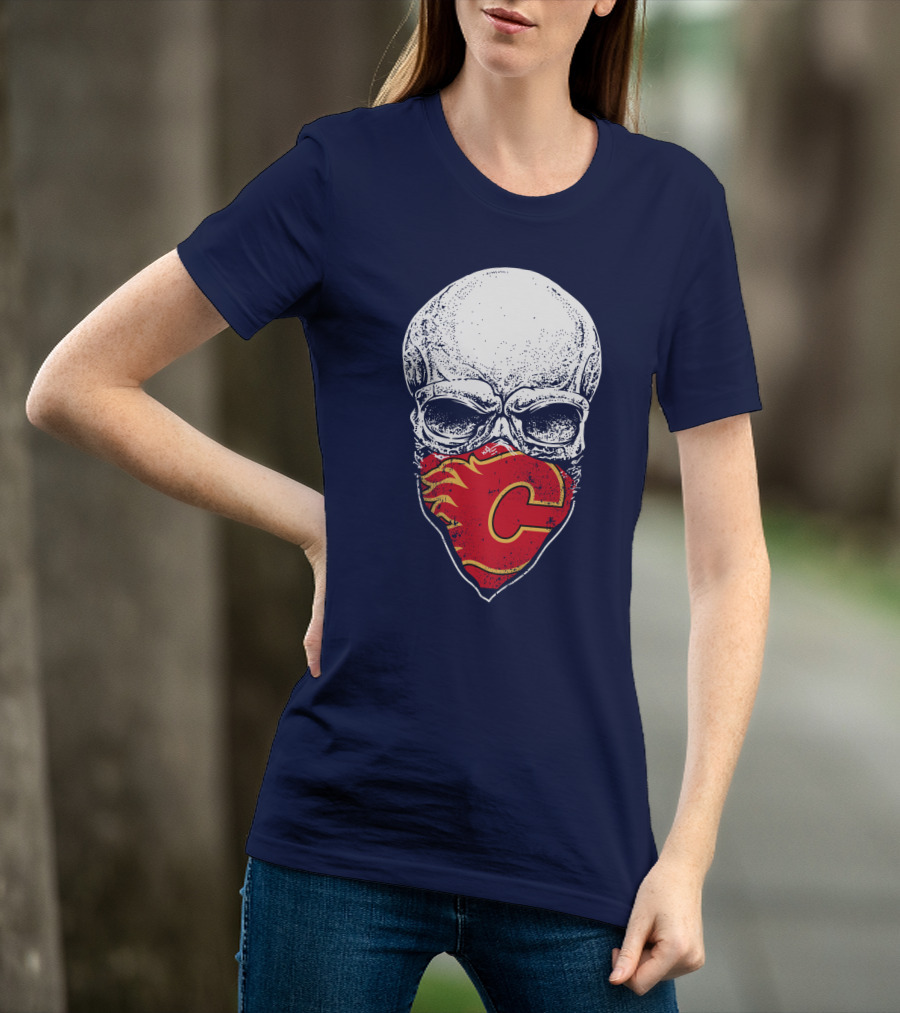 Skull With Calgary Flames Logo Facemask T-Shirt