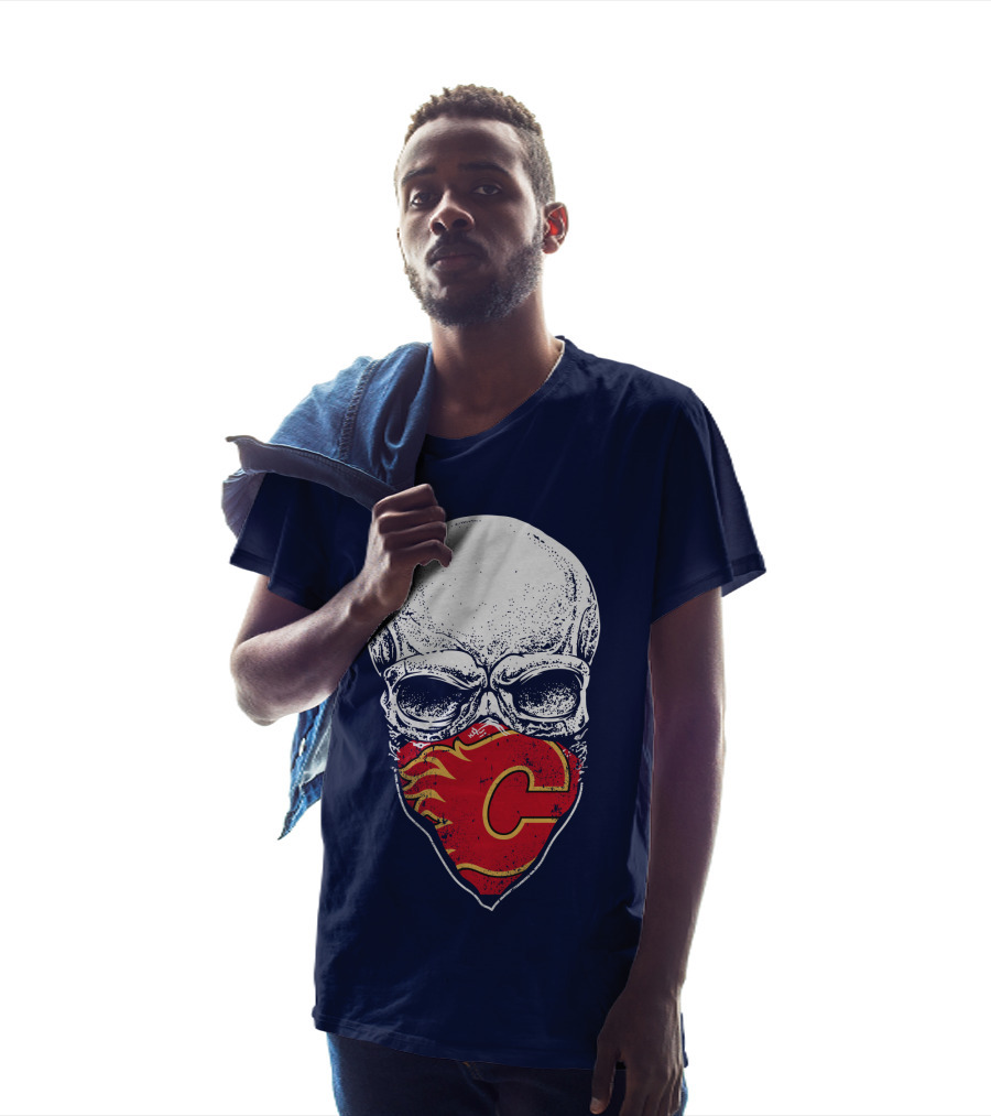 Skull With Calgary Flames Logo Facemask T-Shirt