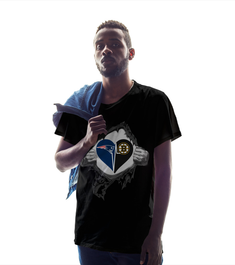 Patriots Bruins Heart Logos Hidden Under Tear T-Shirt