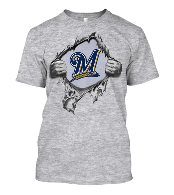 Milwaukee Brewers Ripped Metal Logo With Hands And Baseball Wheat Symbol T-Shirt