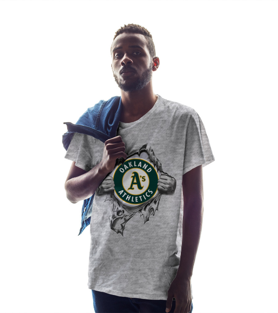 Oakland Athletics A's Emblem Revealed Through Torn Fabric T-Shirt