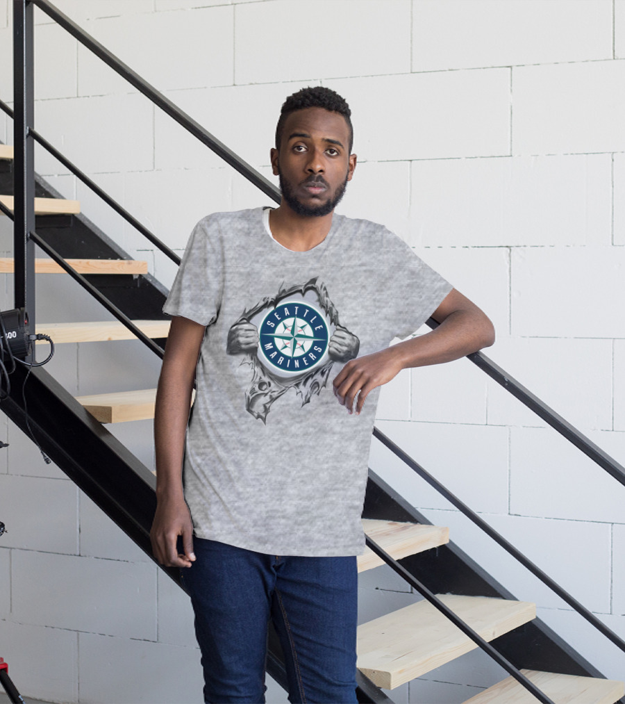 Seattle Mariners Compass Logo Breaking Through Gray T-Shirt