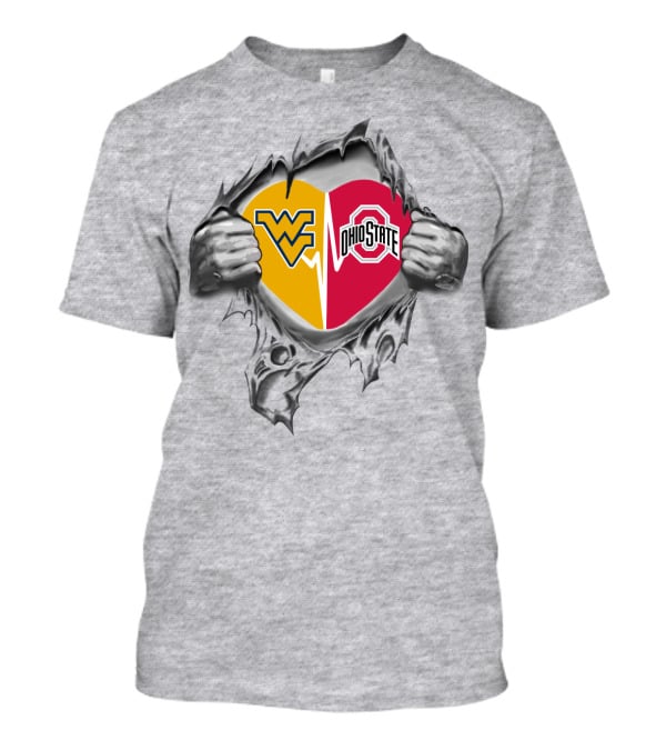 Wv And Ohio State Heart With Torn Steel Effect T-Shirt