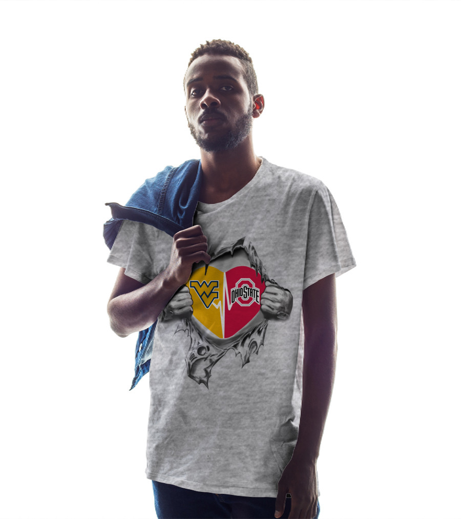 Wv And Ohio State Heart With Torn Steel Effect T-Shirt