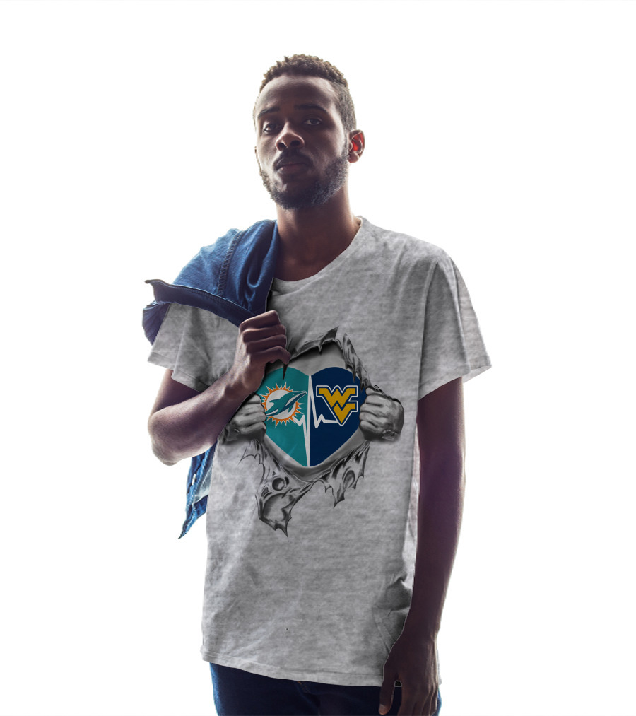 Dolphins West Virginia Mountaineers Heart Torn T-Shirt