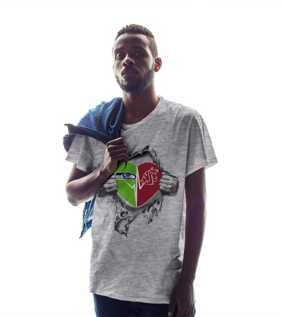Seahawks Washington State Cougars Heart Logo Design Inside Ripped Shirt With Team Logos T-Shirt