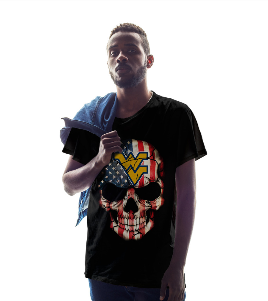 American Flag Skull With West Virginia Mountaineers T-Shirt