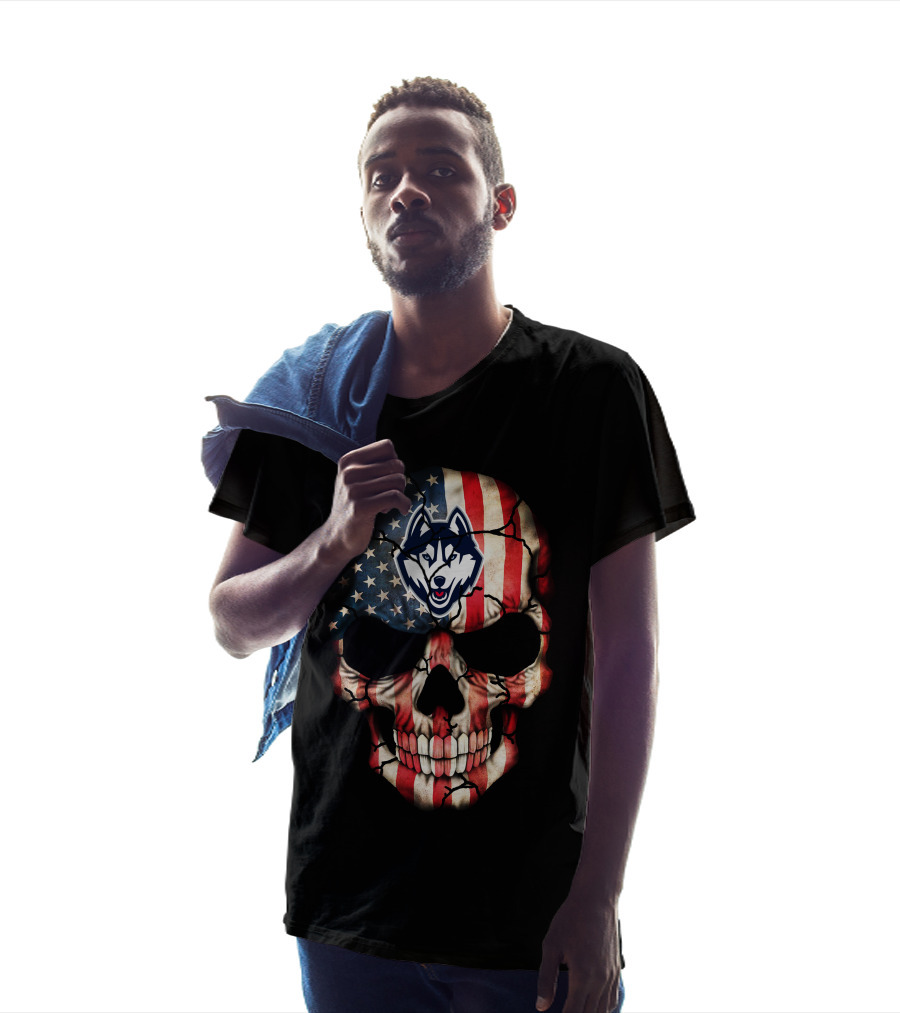 Uconn Huskies American Flag Skull T-Shirt