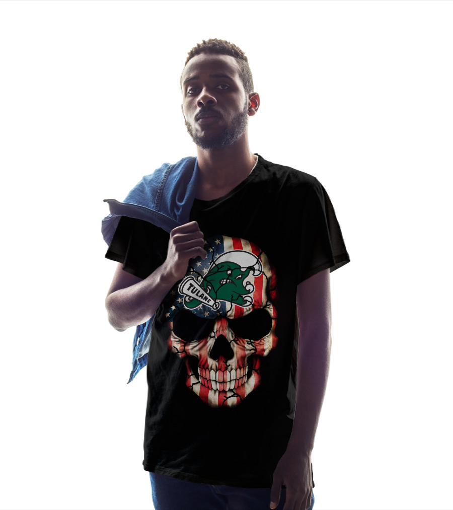 Patriotic Skull With Tulane Green Wave Logo On American Flag Style T-Shirt