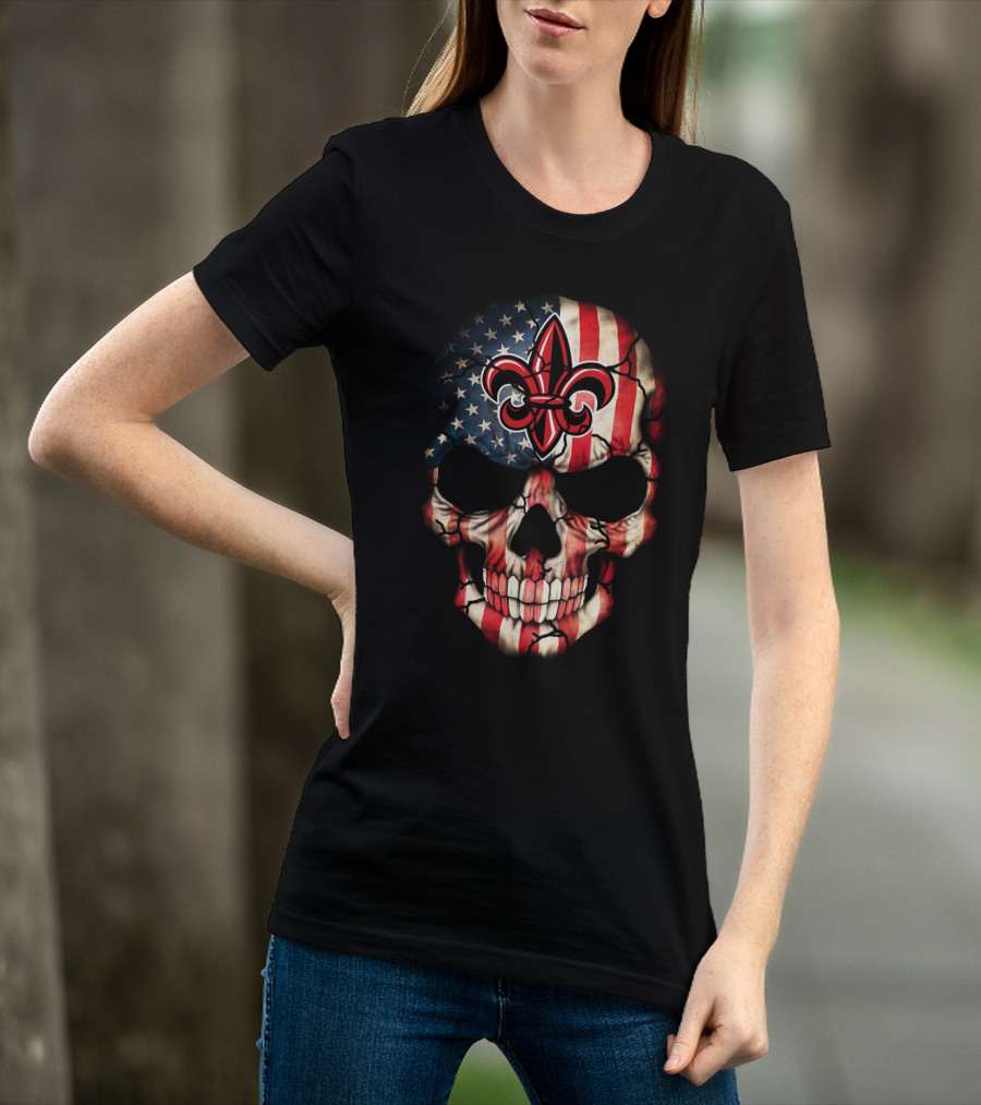 Ragin Cajuns Skull With American Flag And Fleur-De-Lis T-Shirt