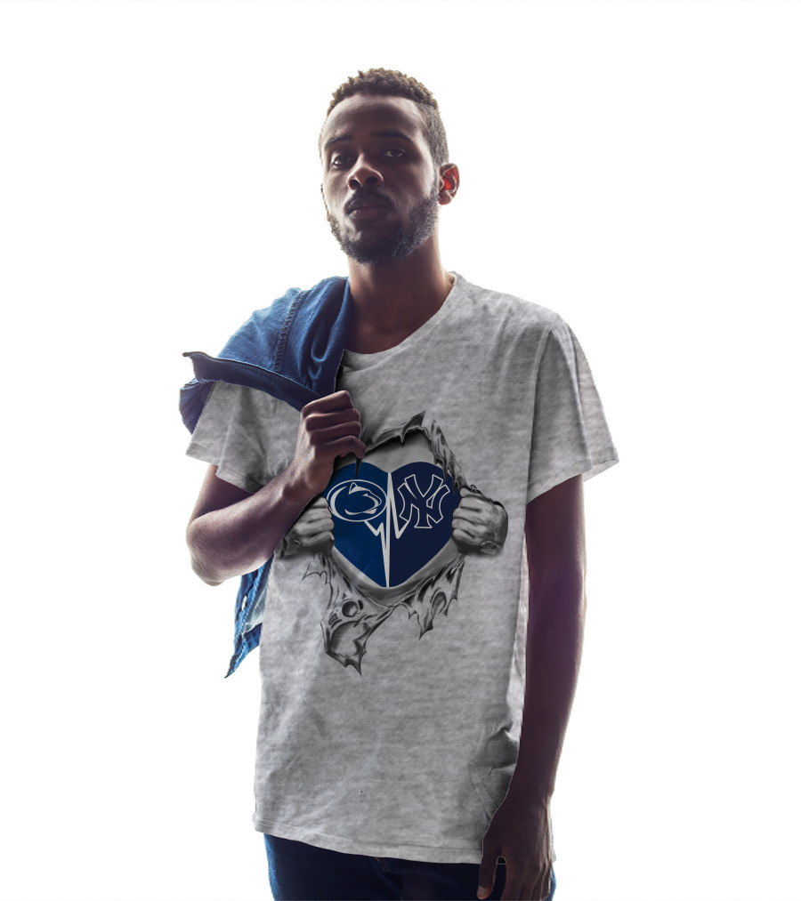 Yankees Penn State Heart With Logos Inside Tearing Hands T-Shirt