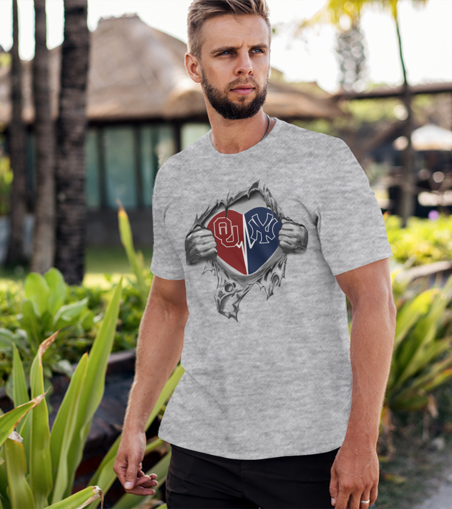 Ou Sooners And Ny Yankees Heart Tear T-Shirt