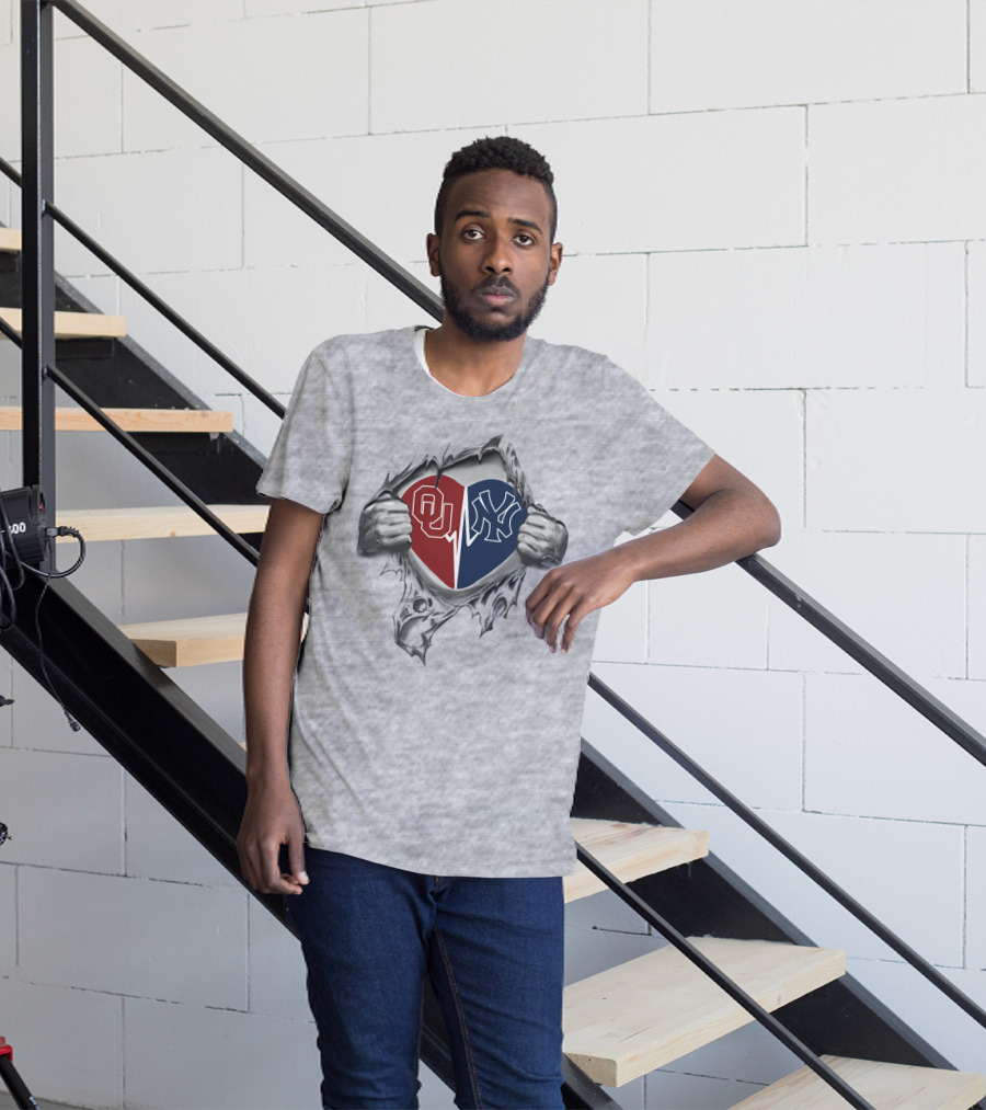 Ou Sooners And Ny Yankees Heart Tear T-Shirt