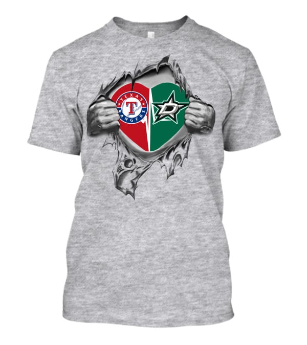 Texas Rangers Dallas Stars Heart Logo Peeking Through T-Shirt