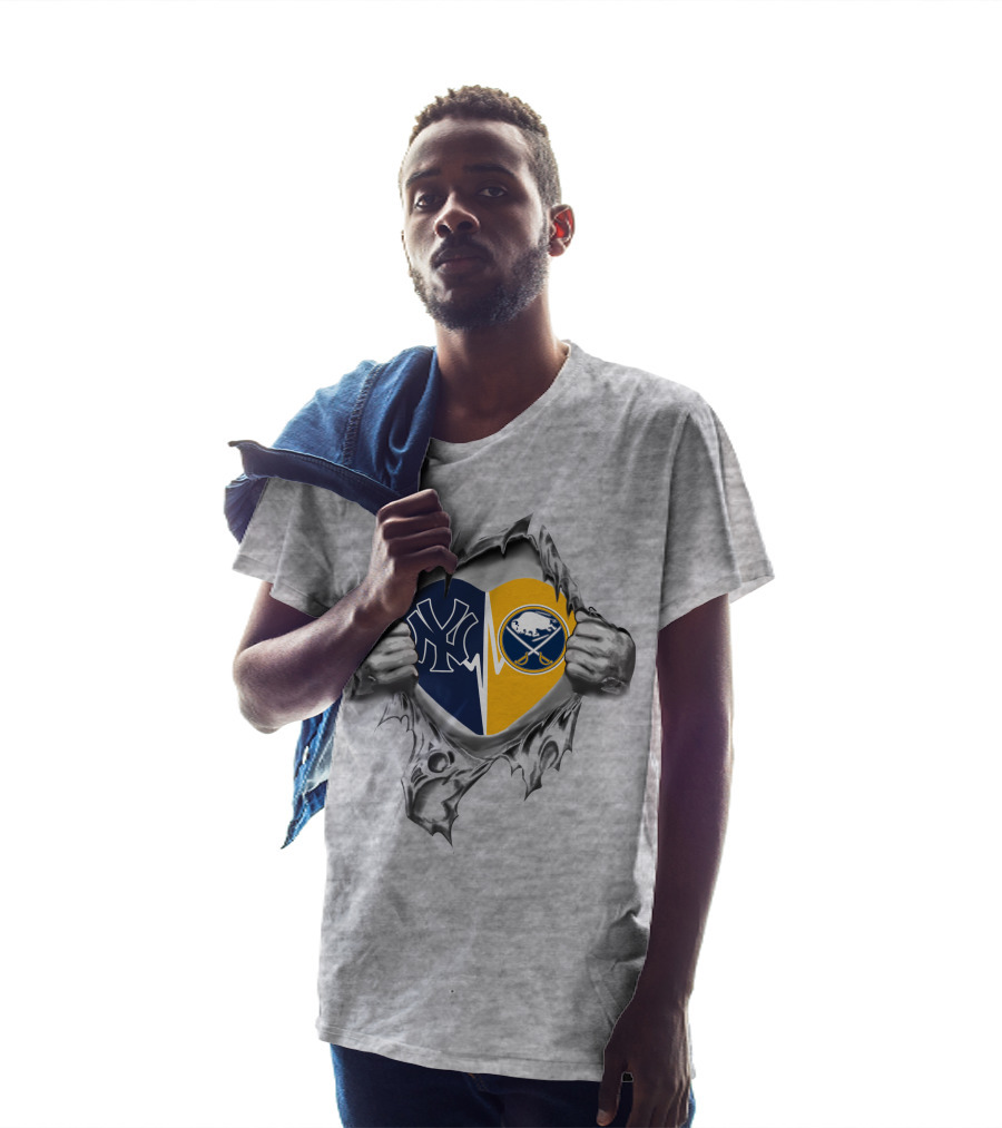 Yankees Buffalo Sabres Heart Design With Split Logo And Torn T-Shirt