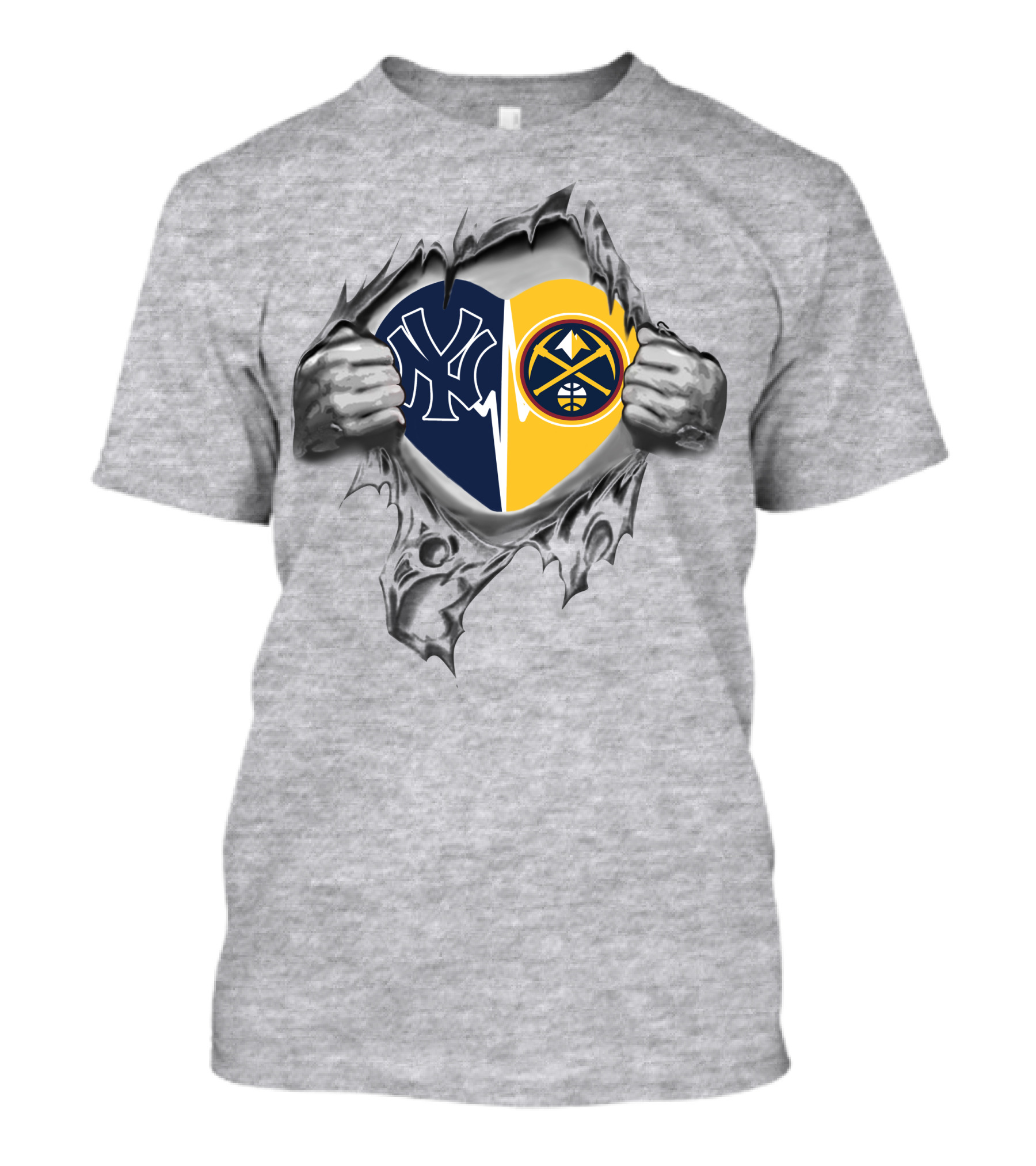 Yankees Denver Nuggets Heart Rip Baseball Basketball Fusion T-Shirt