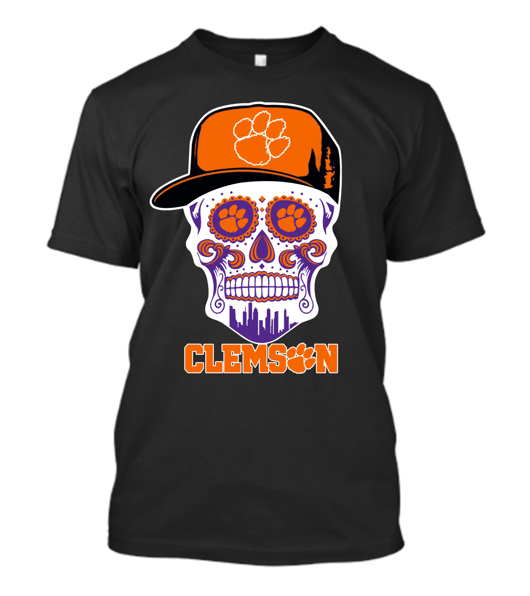 Clemson Tigers Skull With Orange Paw Hat And Cityscape Details T-Shirt