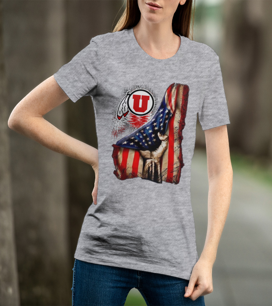 Utah Utes American Flag Background And Hand T-Shirt