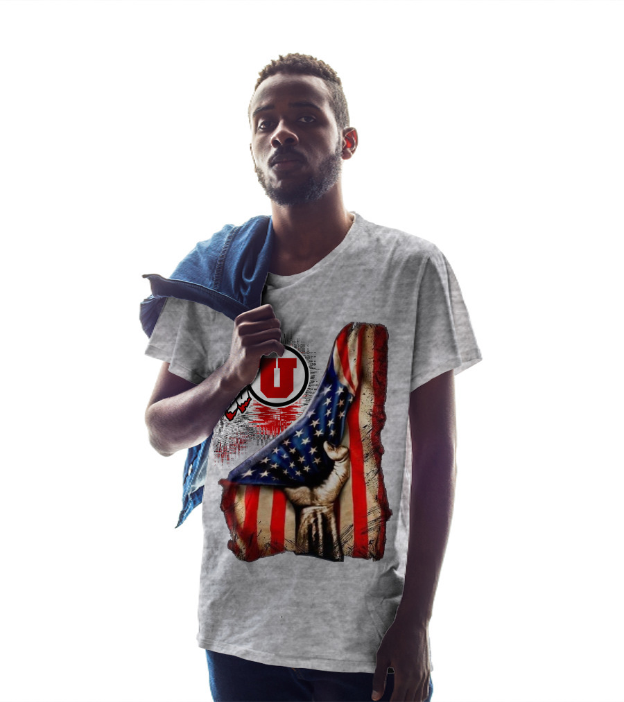 Utah Utes American Flag Background And Hand T-Shirt
