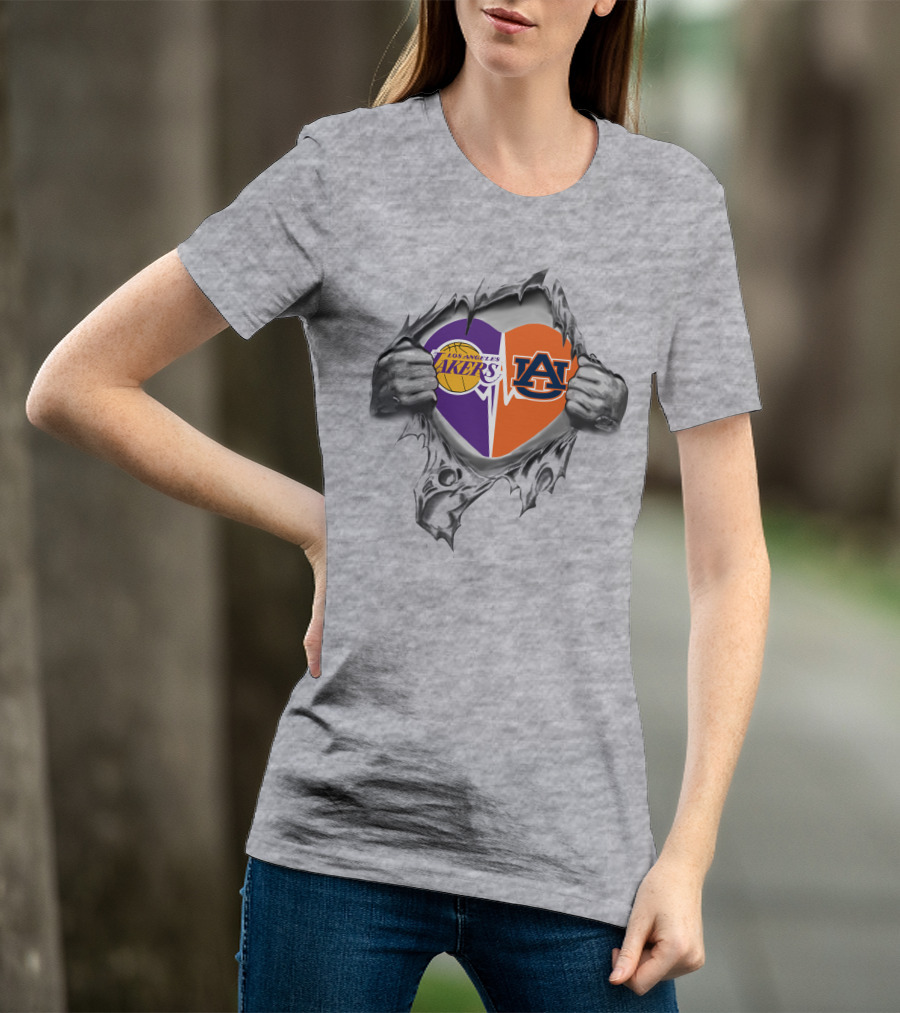 Los Angeles Lakers Auburn Tigers Heart Split Loyalty T-Shirt