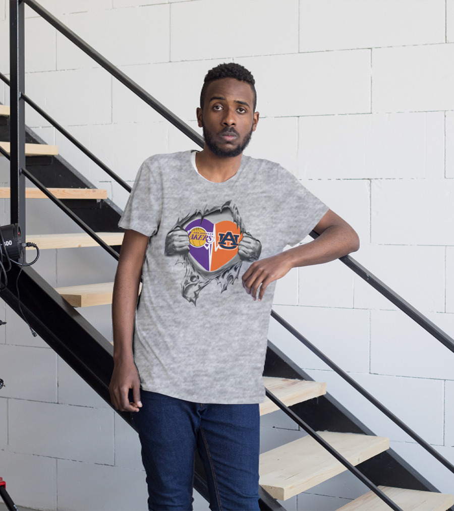 Los Angeles Lakers Auburn Tigers Heart Split Loyalty T-Shirt