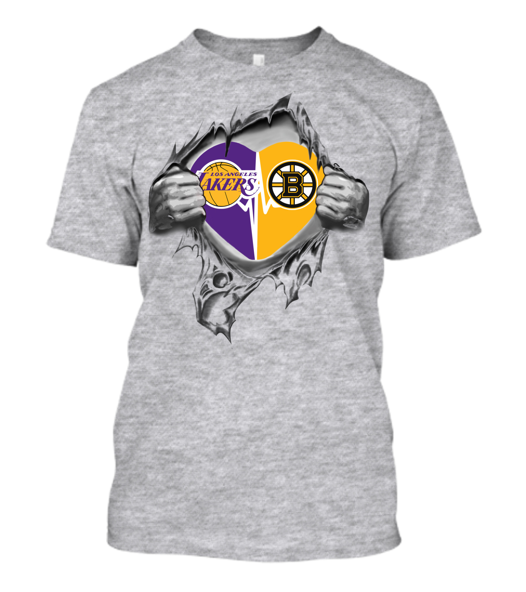 Lakers Boston Bruins Heart With Logos And Torn Ripping Effect T-Shirt