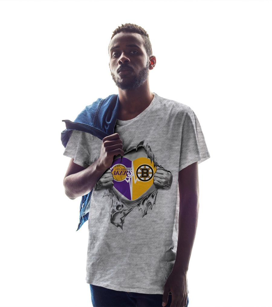 Lakers Boston Bruins Heart With Logos And Torn Ripping Effect T-Shirt