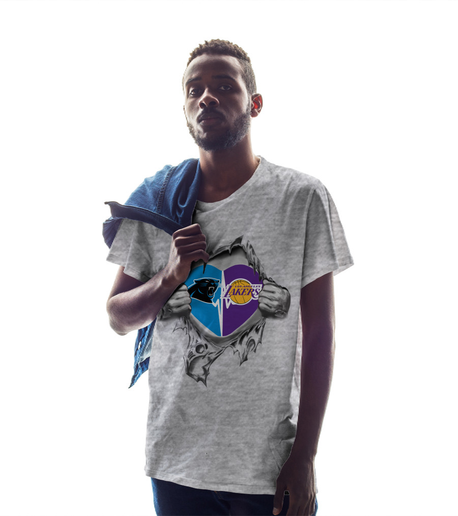 Lakers Carolina Panthers Heart Tear Logo Combo T-Shirt