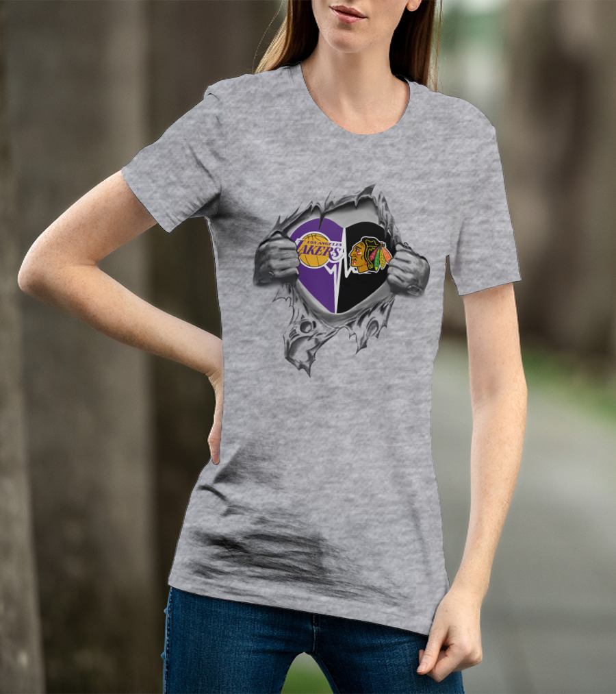 Los Angeles Lakers Chicago Blackhawks Heart Logo Fusion T-Shirt