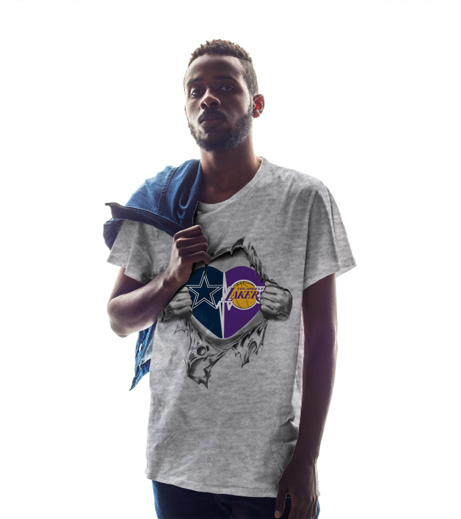 Los Angeles Lakers Dallas Cowboys Heart Silver Torn T-Shirt