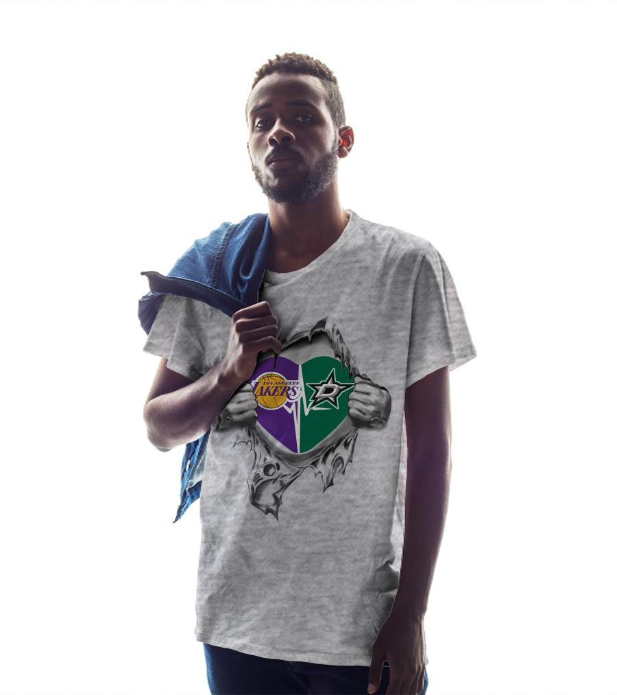 Los Angeles Lakers Dallas Stars Heart Symbol With Torn Hands T-Shirt