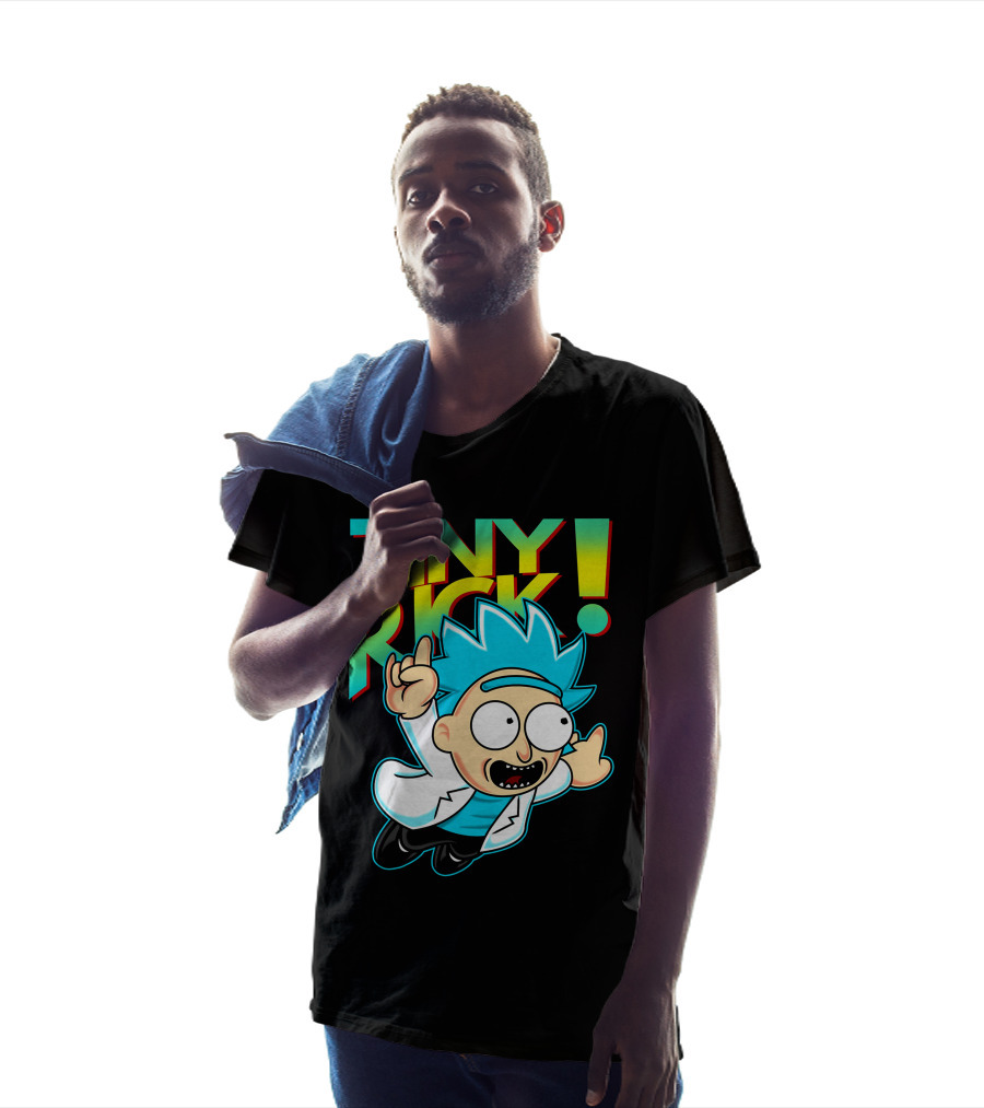 Tiny Rick Flying Character With Blue Hair And White Lab Coat T-Shirt
