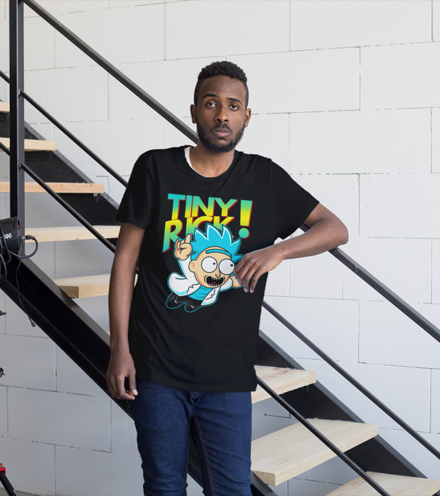Tiny Rick Flying Character With Blue Hair And White Lab Coat T-Shirt