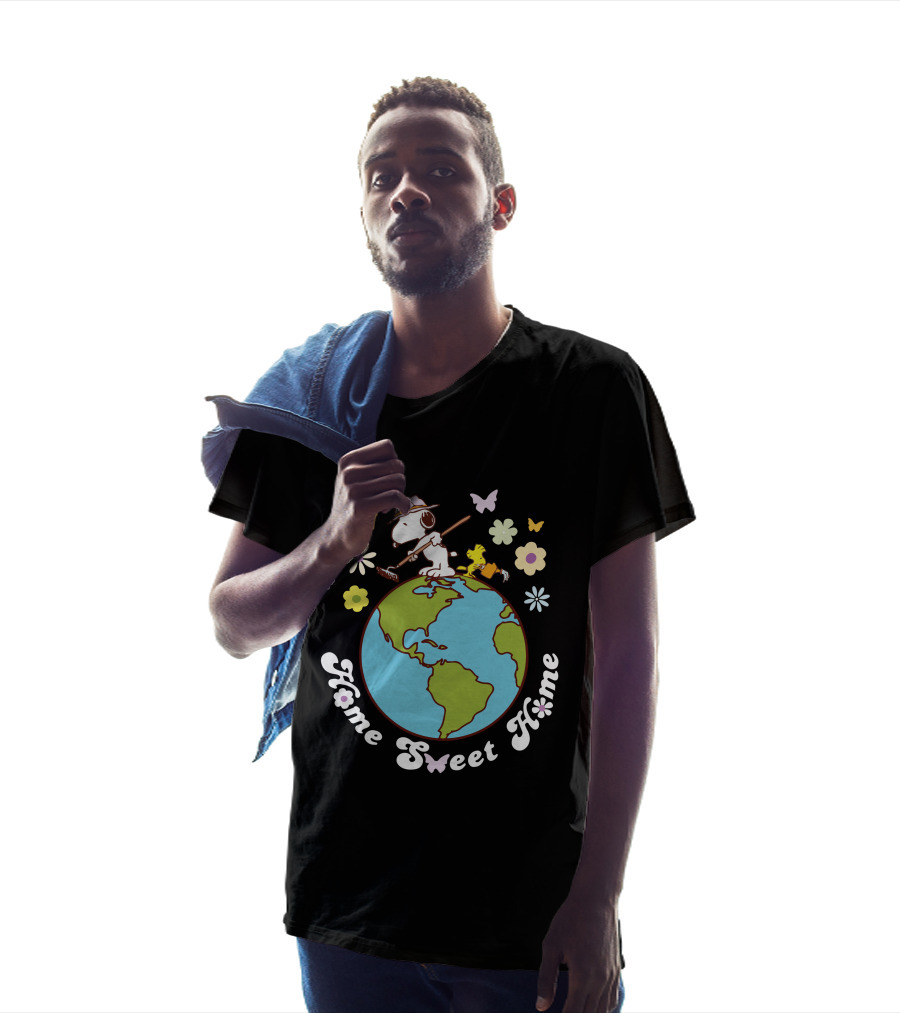 Home Sweet Home Snoopy And Woodstock Gardening On Earth With Butterflies And Flowers T-Shirt
