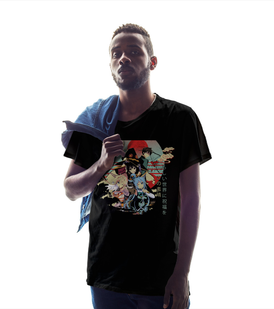 Konosuba Wonderful World Blessing Japanese Characters Kazuma Aqua Darkness Megumin Sun Clouds Red Circle Background T-Shirt