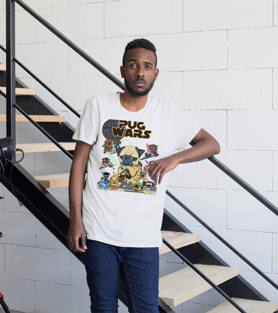 Pug Wars Star Parody With Iconic Characters And Spaceships T-Shirt