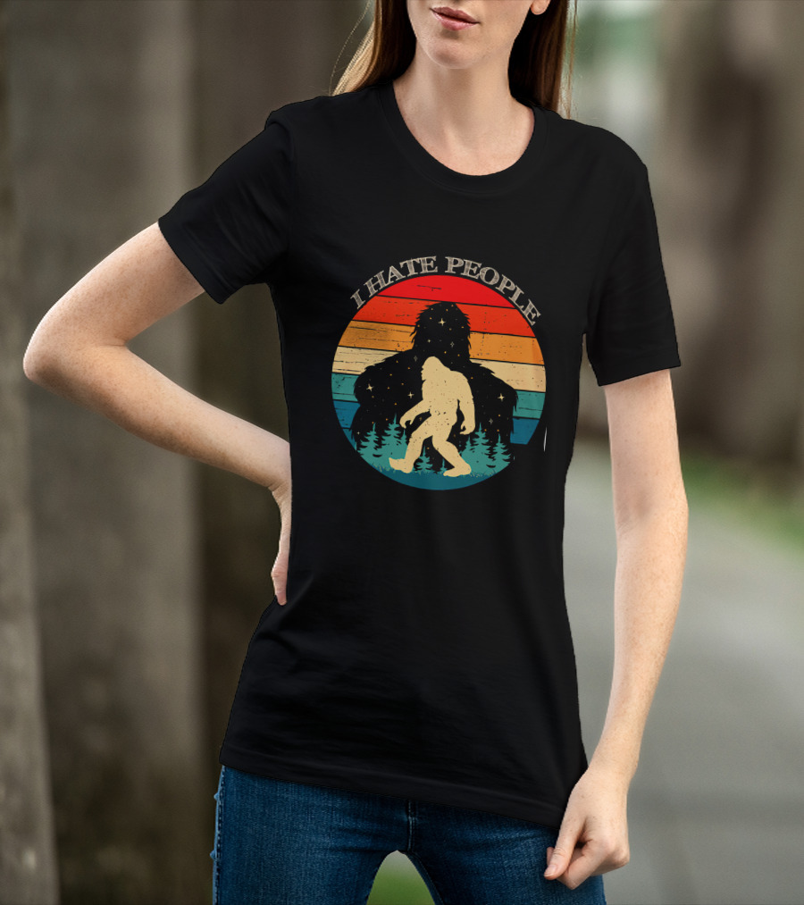 I Hate People Bigfoot Retro Sunset Forest Scene T-Shirt