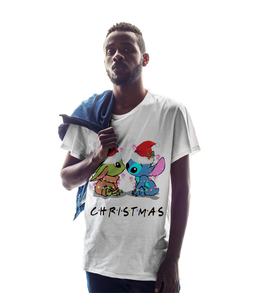 Yoda And Stitch Christmas Santa Hats Holiday Lights T-Shirt