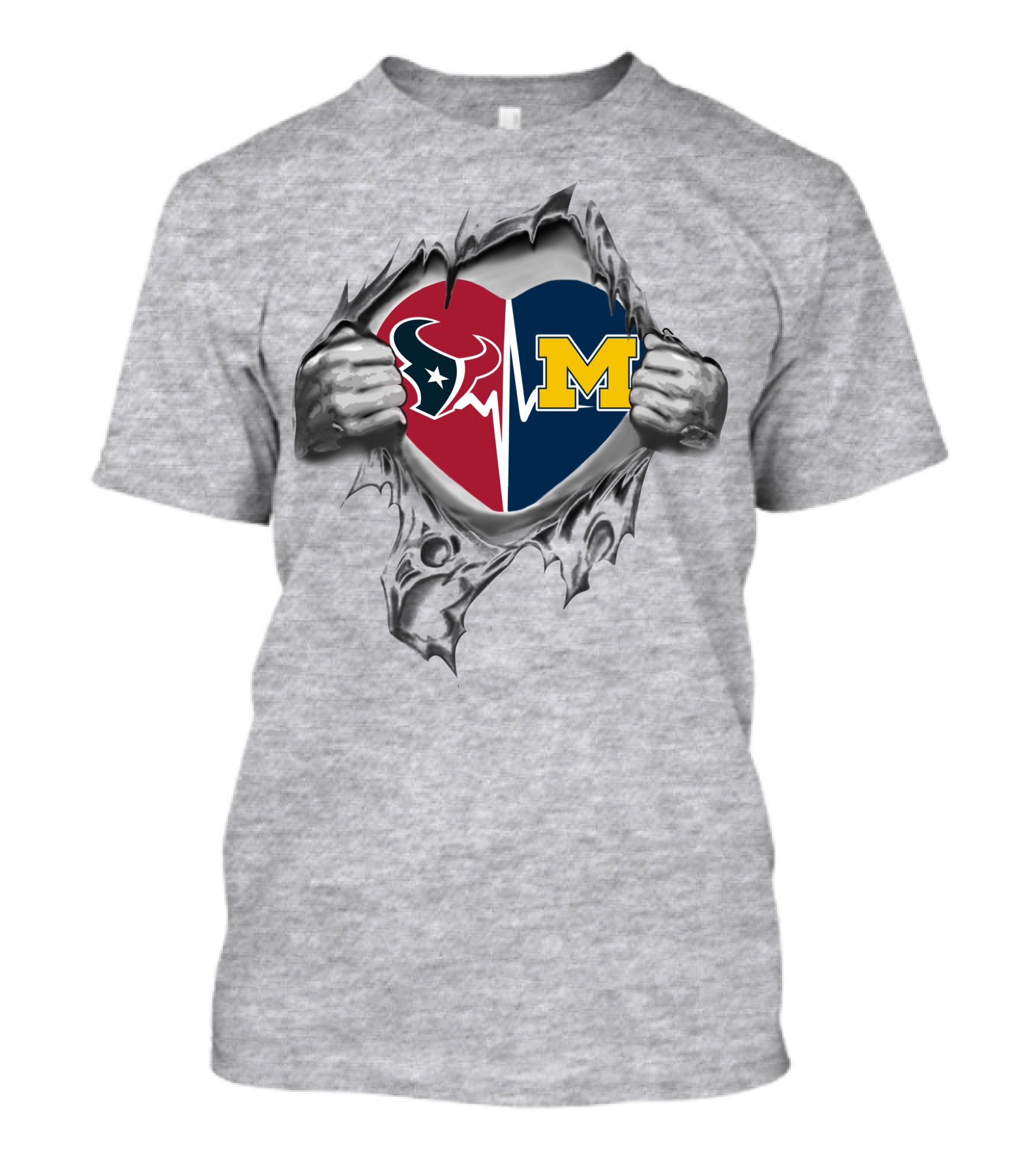 Michigan Wolverines Houston Texans Heartbeat Torn Heart T-Shirt