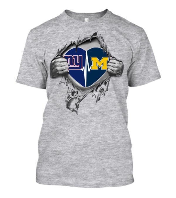 Michigan Wolverines New York Giants Heartbeat Fusion Icon With Logos In Heart-Shaped T-Shirt