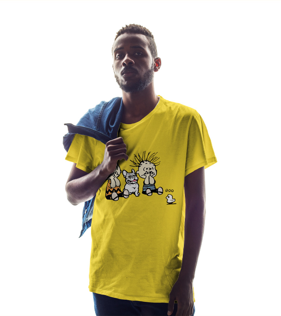 Frenchie Boo Cartoon Characters Surprise Yellow Background T-Shirt