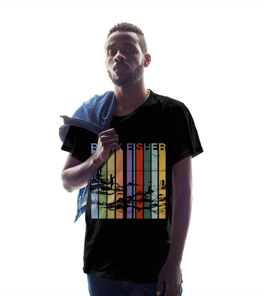 ROCK FISHER Vintage Fishing Landscape Stripes T-Shirt
