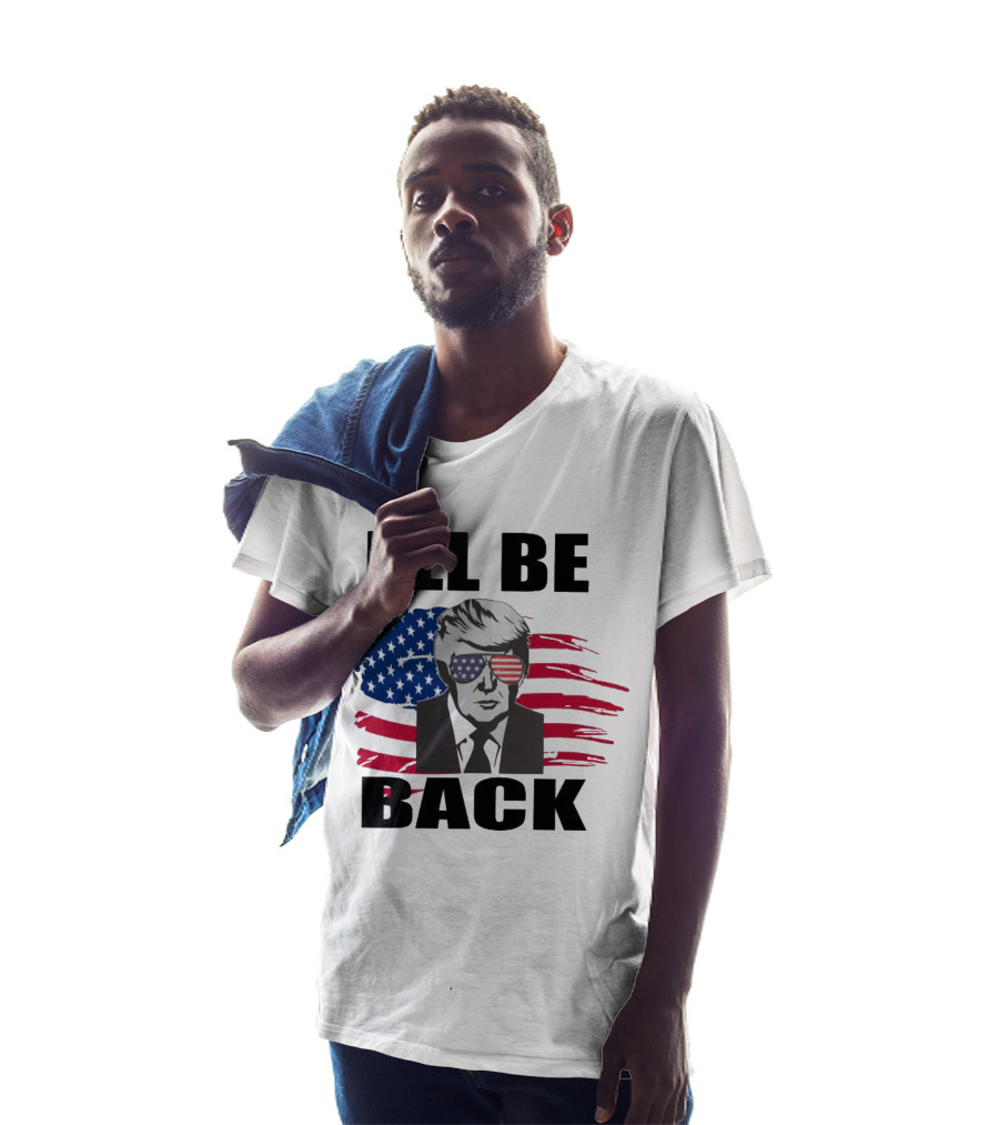 I'll Be Back Patriotic Portrait With American Flag Sunglasses T-Shirt