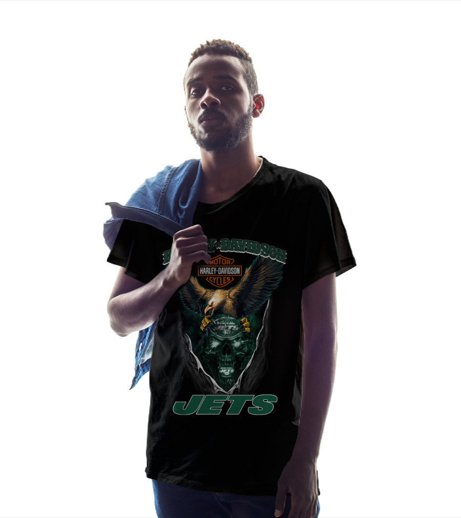 Harley Davidson Motor Cycles Eagle Skull New York Jets T-Shirt