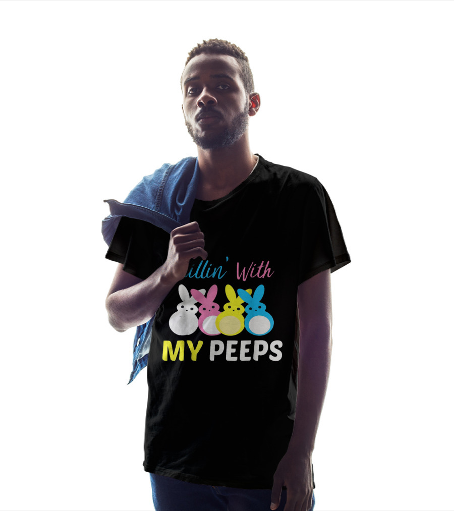 Chillin' With My Peeps Cute Easter Bunny Text And Colorful Bunny Figures T-Shirt