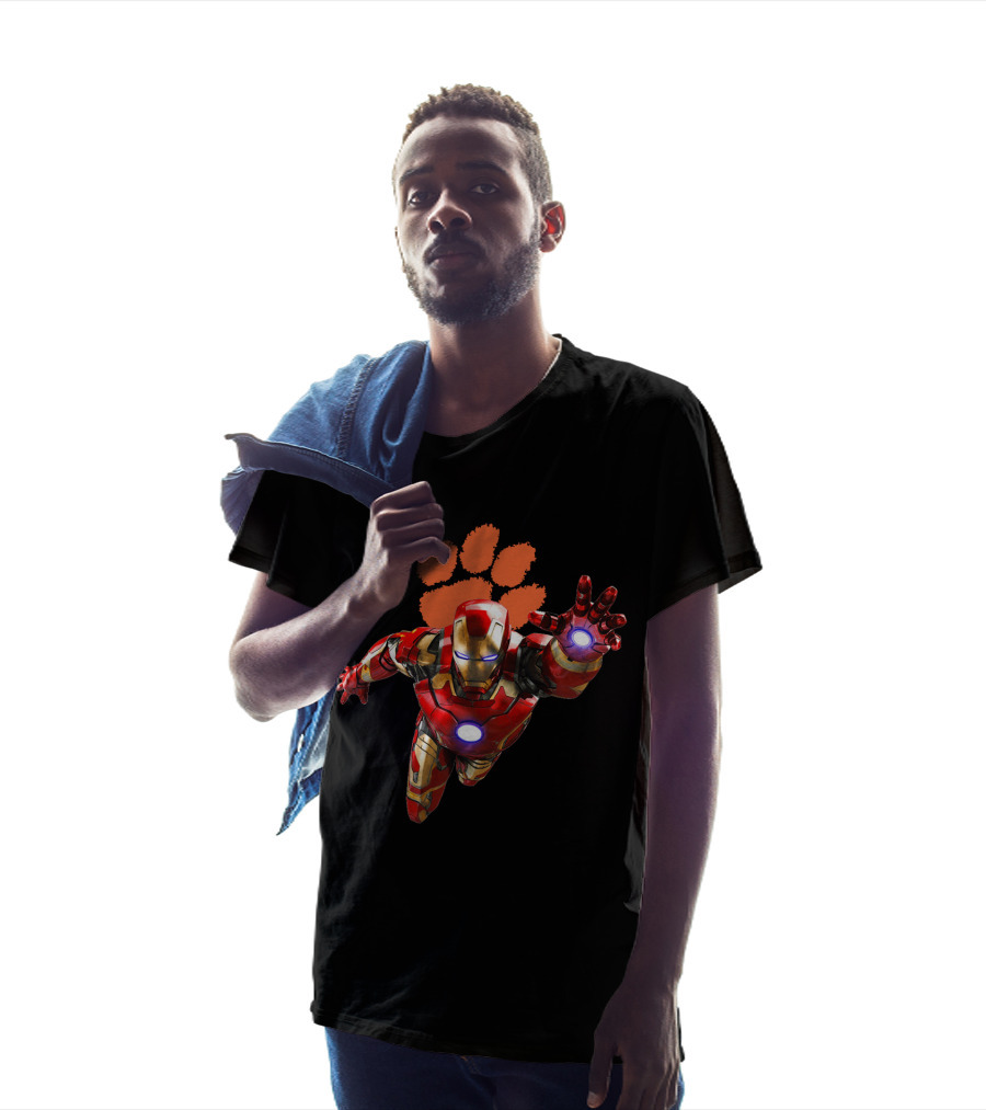 Clemson Tigers Iron Man Flying Paw Print Football T-Shirt