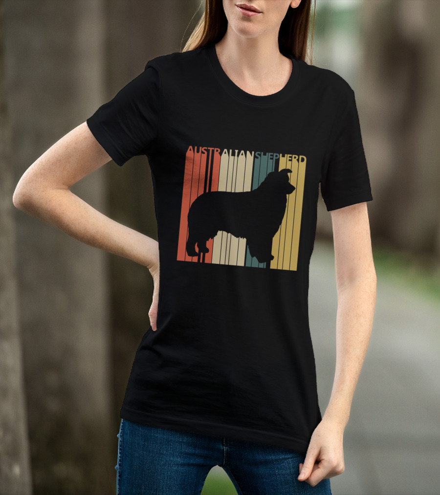 Australian Shepherd Silhouette With Vintage Stripes T-Shirt