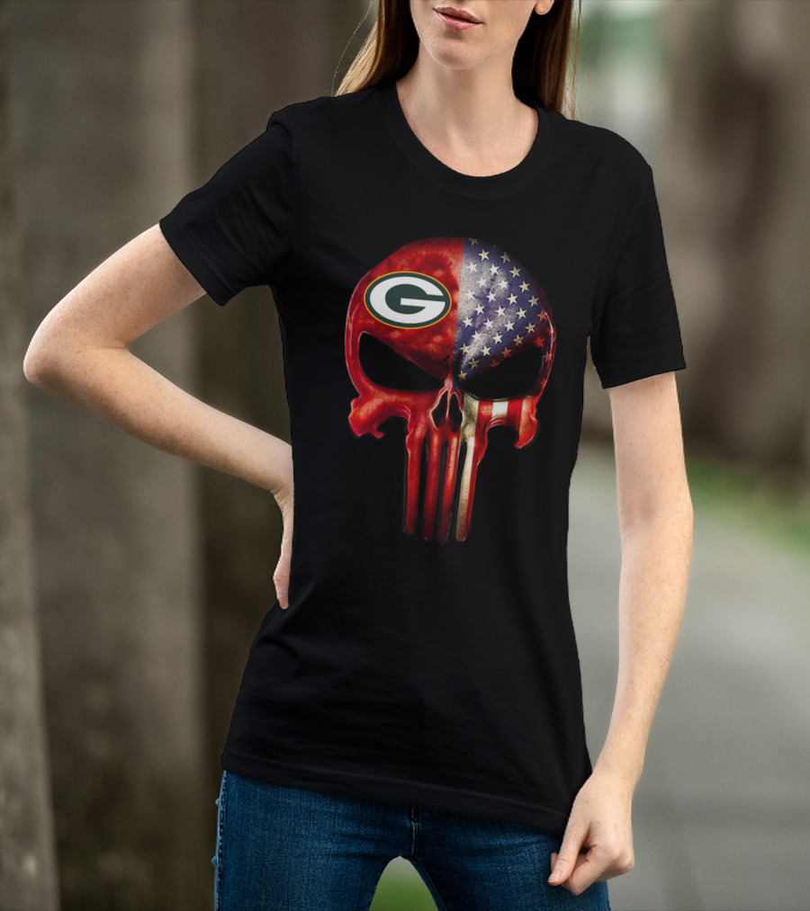 Green Bay Packers American Flag Skull T-Shirt